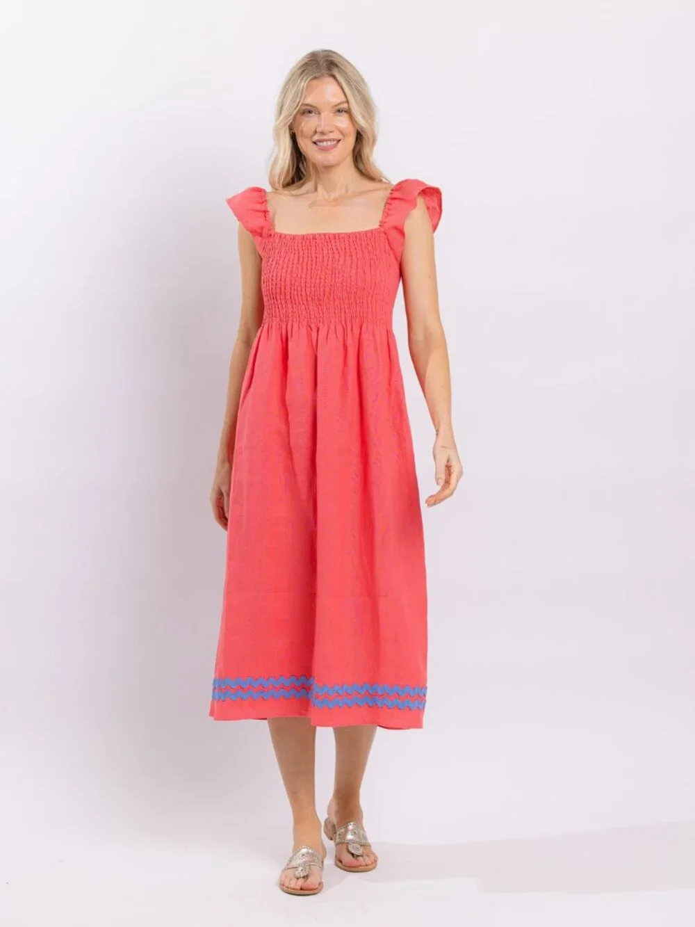 SAIL TO SABLE Coral Square Neck Flutter Sleeve Linen Midi Dress Size M